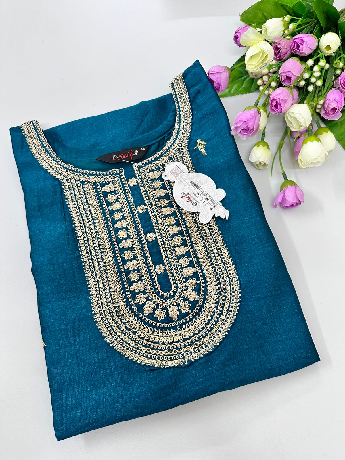 Women Silk cotton Georgette Kurtis| Peacock Blue | 3/4 Hand Sleeves | Side Cut Kurtis