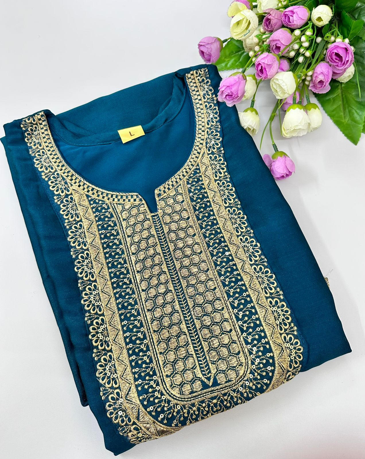 Golden threadwork embroidery Women Silk cotton Georgette Kurtis| Teal Blue Color | 3/4 Hand Sleeves | Side Cut Kurtis
