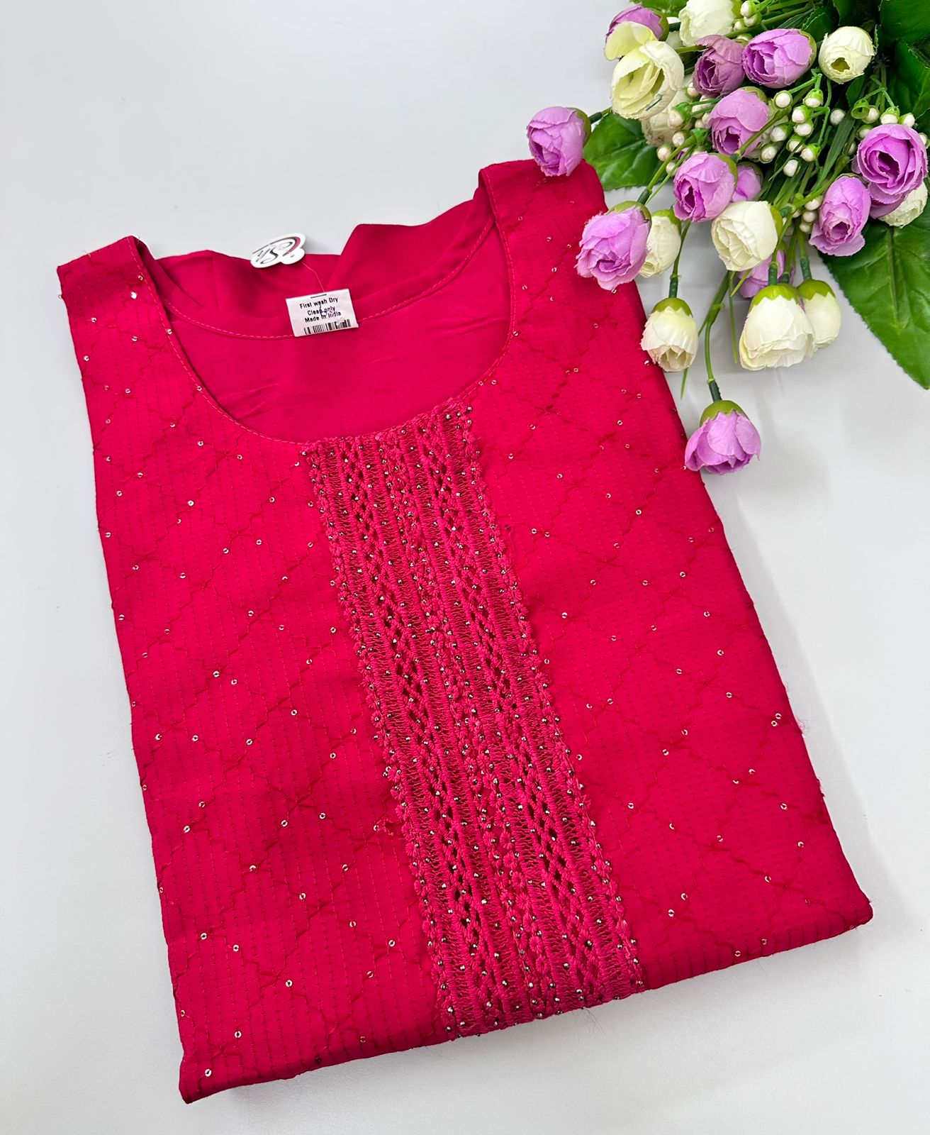 Vertical Lace Embroidery Women Silk cotton Georgette Kurtis| Hot Pink / Fuchsia Color | 3/4 Hand Sleeves | Side Cut Kurtis