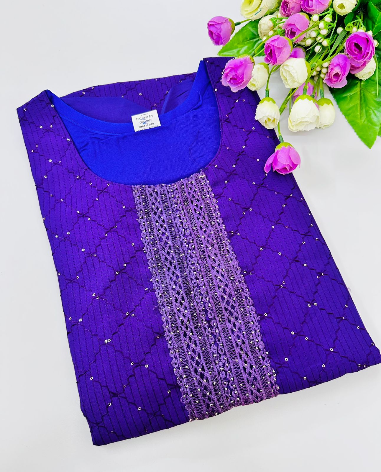 Diamond Quilting + Sequin Dots Women Silk cotton Georgette Kurtis| Royal Blue Color | 3/4 Hand Sleeves | Side Cut Kurtis