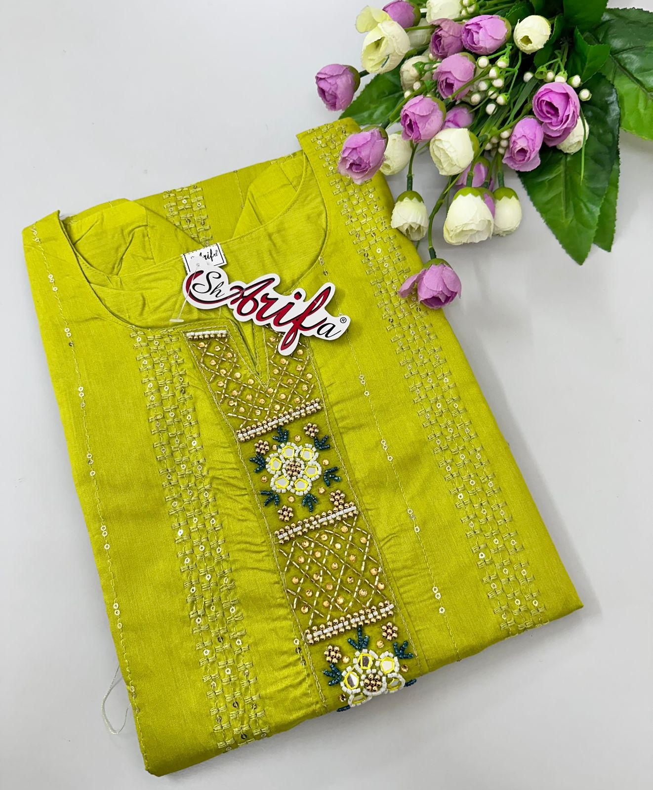 Vertical Strip Women Silk cotton Georgette Kurtis| Lime Green Color | 3/4 Hand Sleeves | Side Cut Kurtis