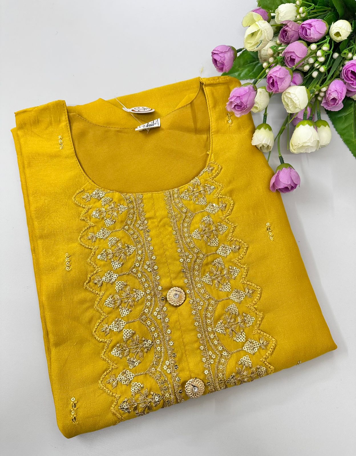 Ethnic & Formal Women Silk cotton Georgette Kurtis| Mustard Yellow Color | 3/4 Hand Sleeves | Side Cut Kurtis