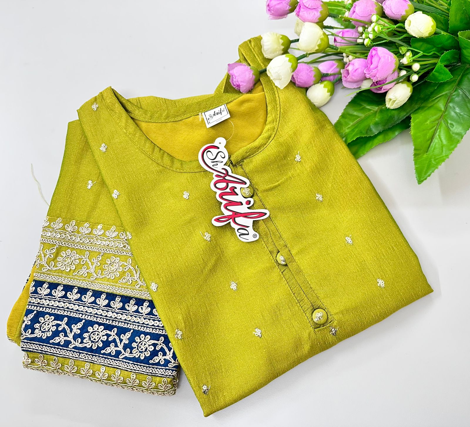 Small White Thread Dots Women Silk cotton Georgette Kurtis | Olive Green Color | 3/4 Hand Sleeves | Side Cut Kurtis