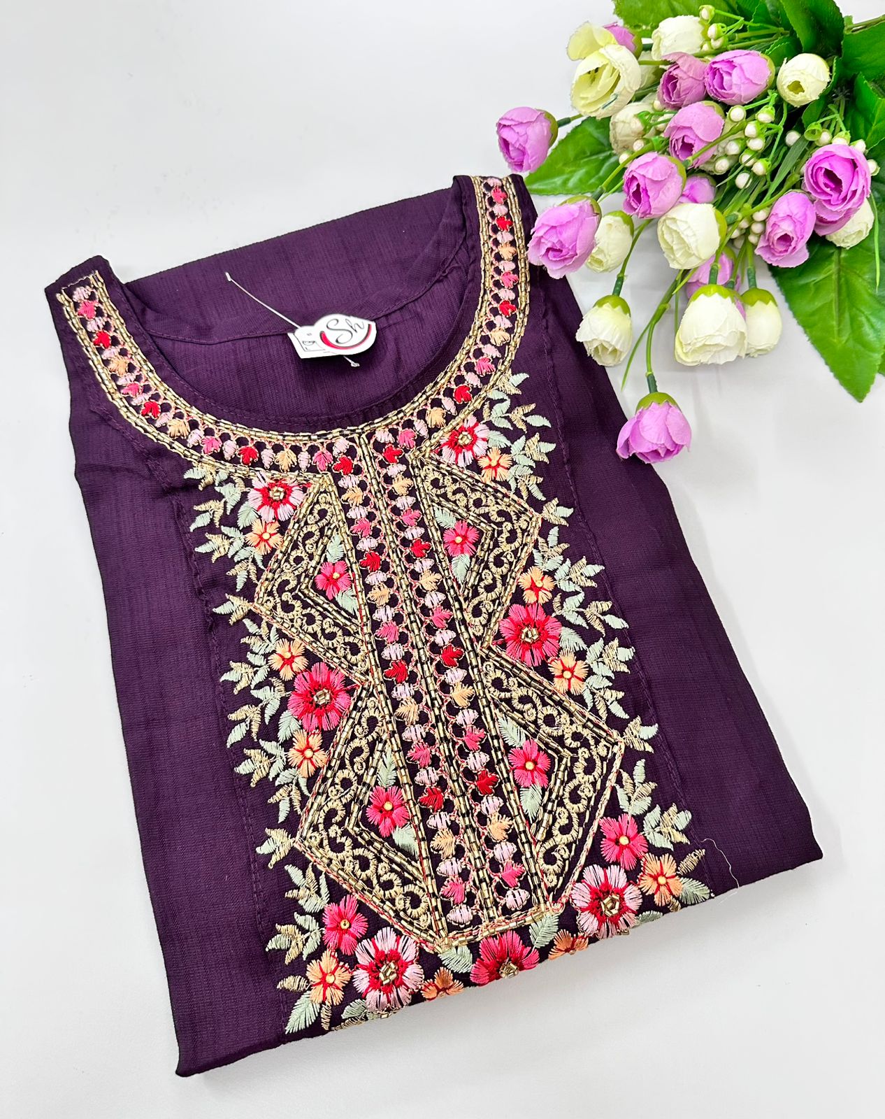 Symmetrical Panel Design Women Silk cotton Georgette Kurtis | Maroonish Plum Color | 3/4 Hand Sleeves | Side Cut Kurtis