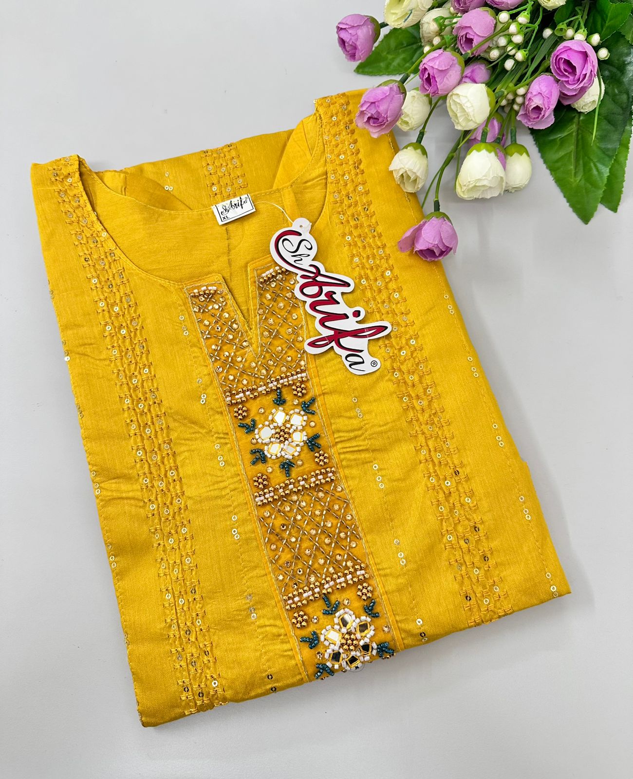 Vertical Embroidery Strip Women Silk cotton Georgette Kurtis | Golden Yellow Color | 3/4 Hand Sleeves | Side Cut Kurtis