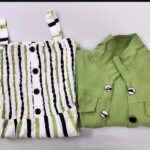 Vertical Stripes Classic Elegant Gown with Jacket sets | White Smocked Top + Light Green Shirt
