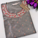 Grey Kurti with Red & White Embroidery | V Neck with round detailing