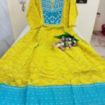 Premium Yellow Tissue Anarkali Kurti with Blue Beats Work | Sizes M to XXL